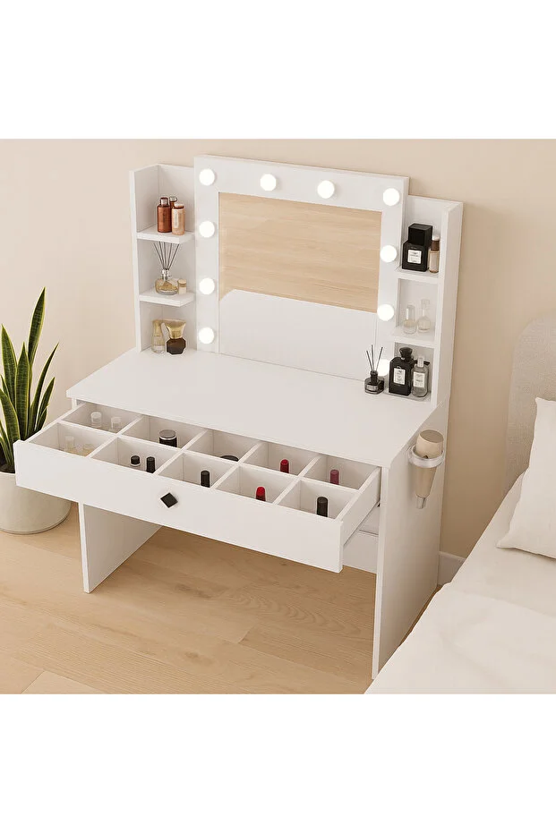 Hollywood Işıklı Aynalı Kulis Makyaj Masası Takı Düzenleyici Beyaz Patentli Tasarım